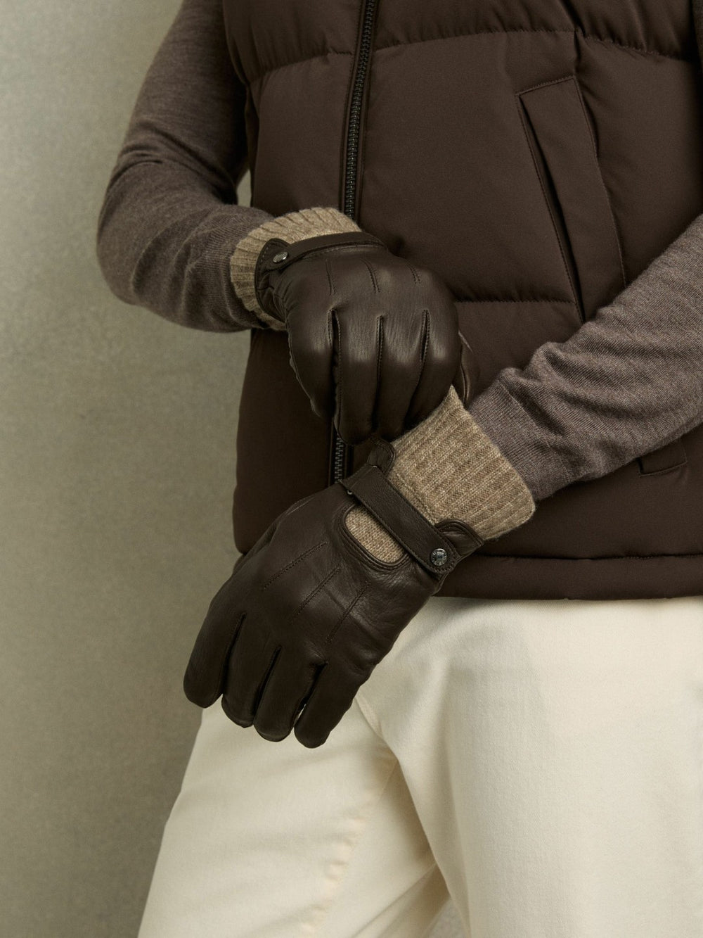 Reiss | Leather Ribbed-Cuff Gloves in Dark Brown