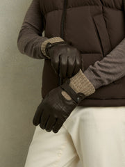 Reiss | Leather Ribbed-Cuff Gloves in Dark Brown