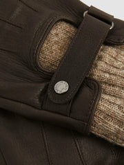 Reiss | Leather Ribbed-Cuff Gloves in Dark Brown