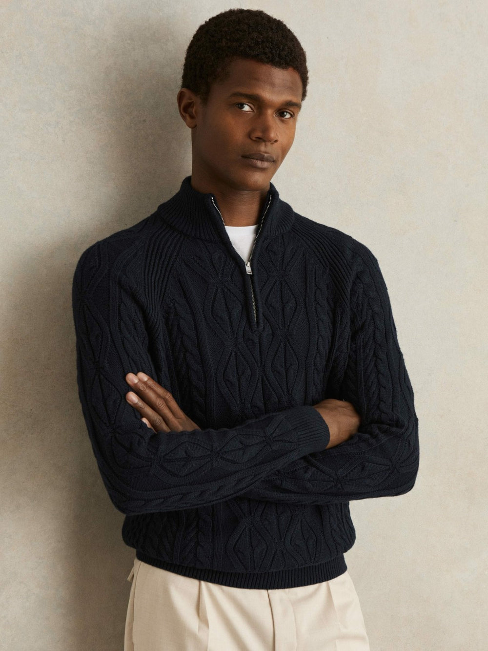 Reiss | Cable-Knit Half-Zip Jumper in Navy