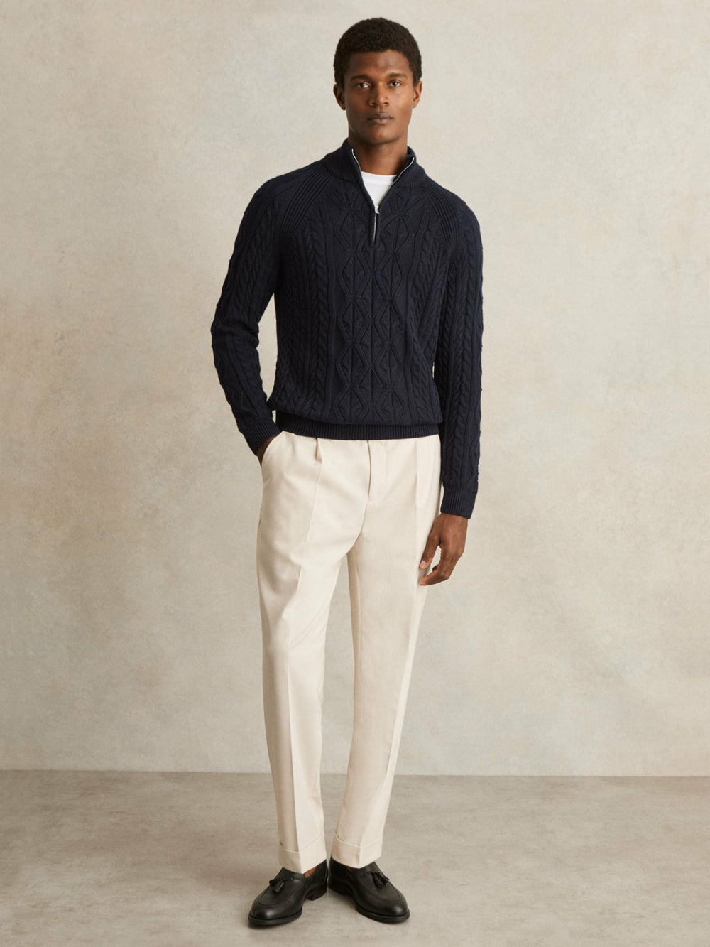 Reiss | Cable-Knit Half-Zip Jumper in Navy