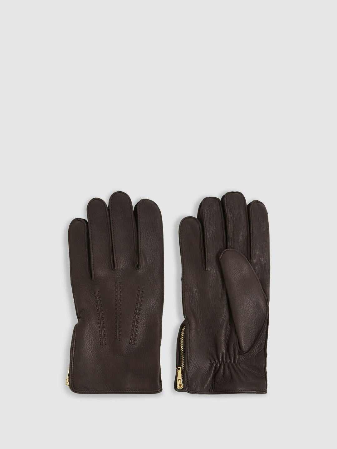 Reiss | Leather Zip-Side Gloves in Dark Brown