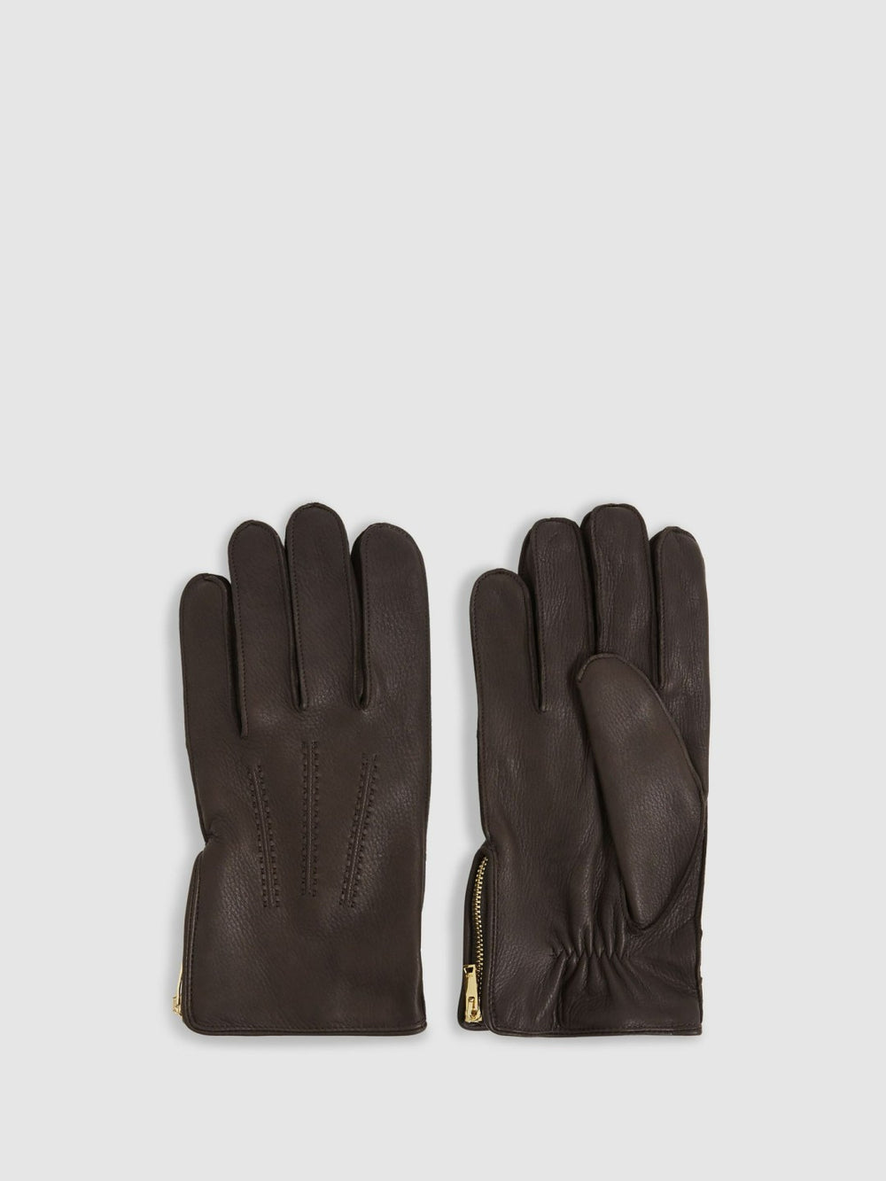 Reiss | Leather Zip-Side Gloves in Dark Brown
