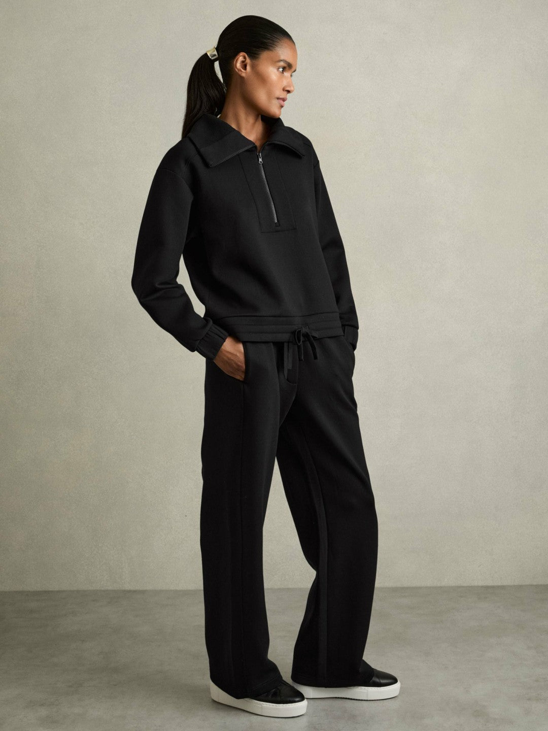 Reiss | Interlock Half-Zip Drawstring-Hem Sweatshirt in Black