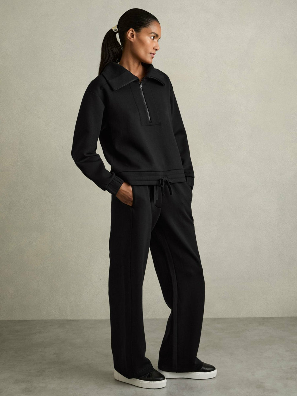 Reiss | Interlock Half-Zip Drawstring-Hem Sweatshirt in Black
