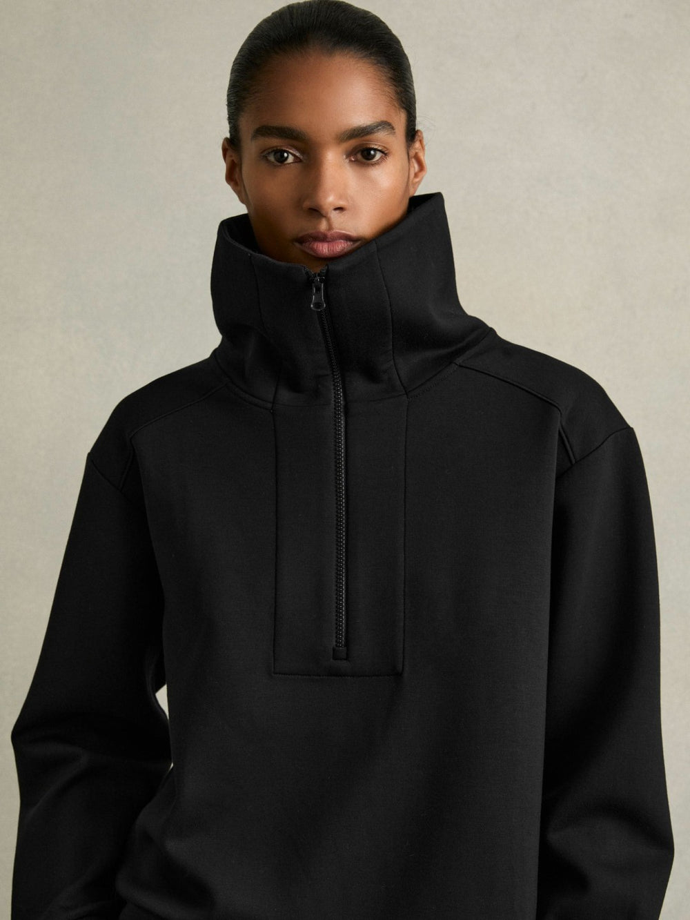 Reiss | Interlock Half-Zip Drawstring-Hem Sweatshirt in Black