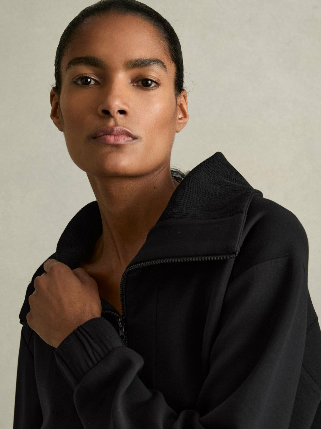 Reiss | Interlock Half-Zip Drawstring-Hem Sweatshirt in Black