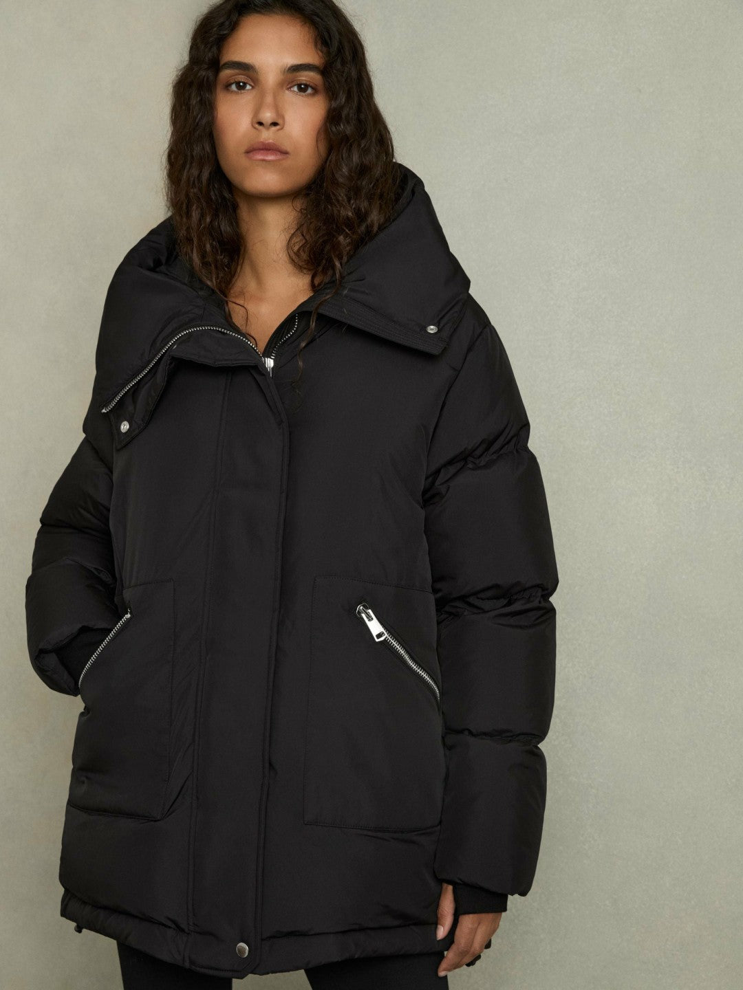 Reiss | Petite Concealed-Hood Puffer Coat in Black