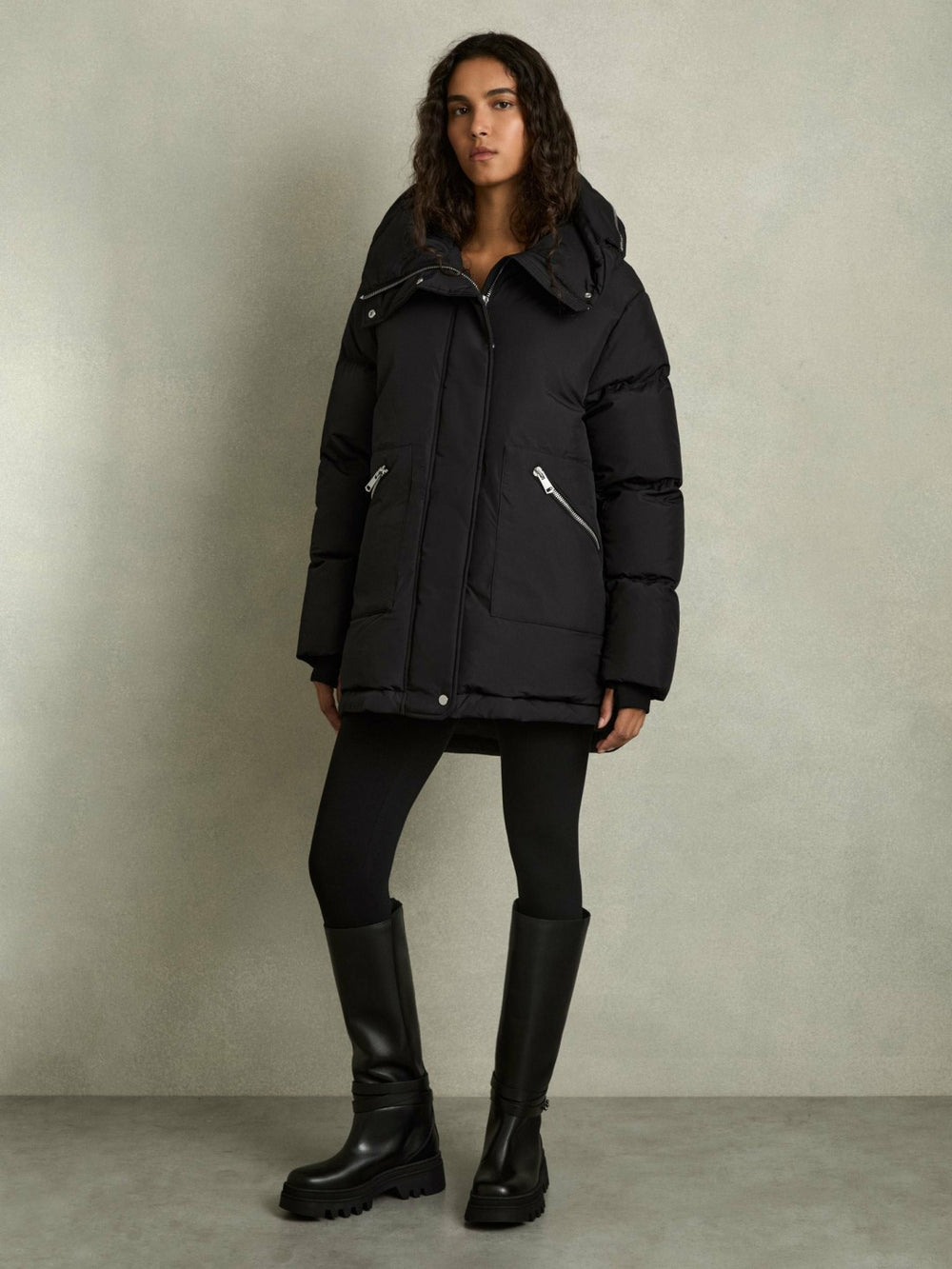 Reiss | Petite Concealed-Hood Puffer Coat in Black