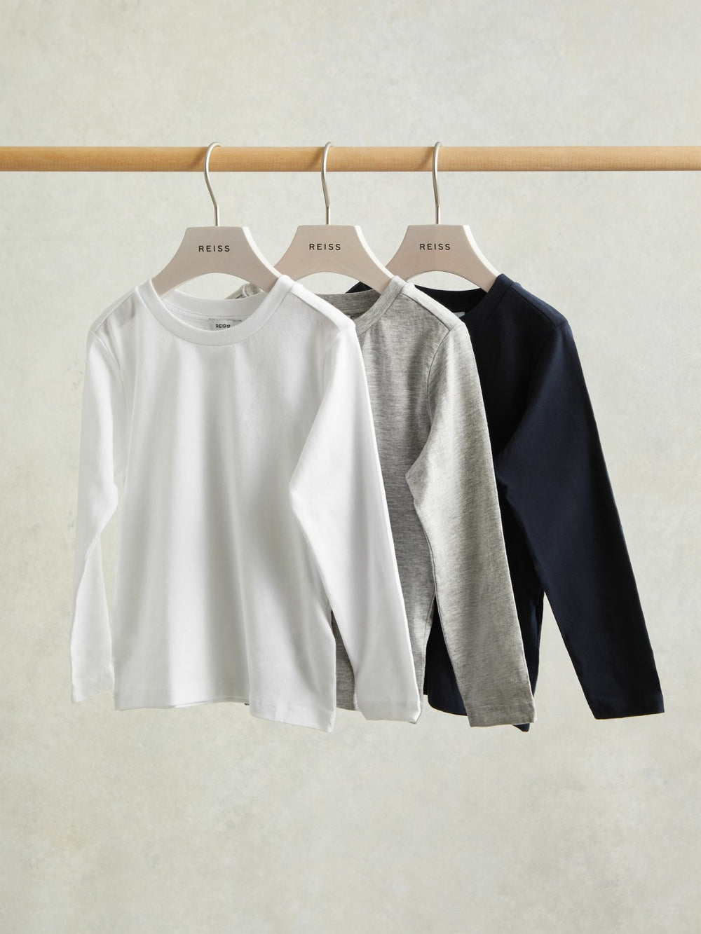 Reiss | 3-9 yrs Cotton Jersey Long Sleeve T-Shirts 3 Pack in White/Soft Grey/Navy