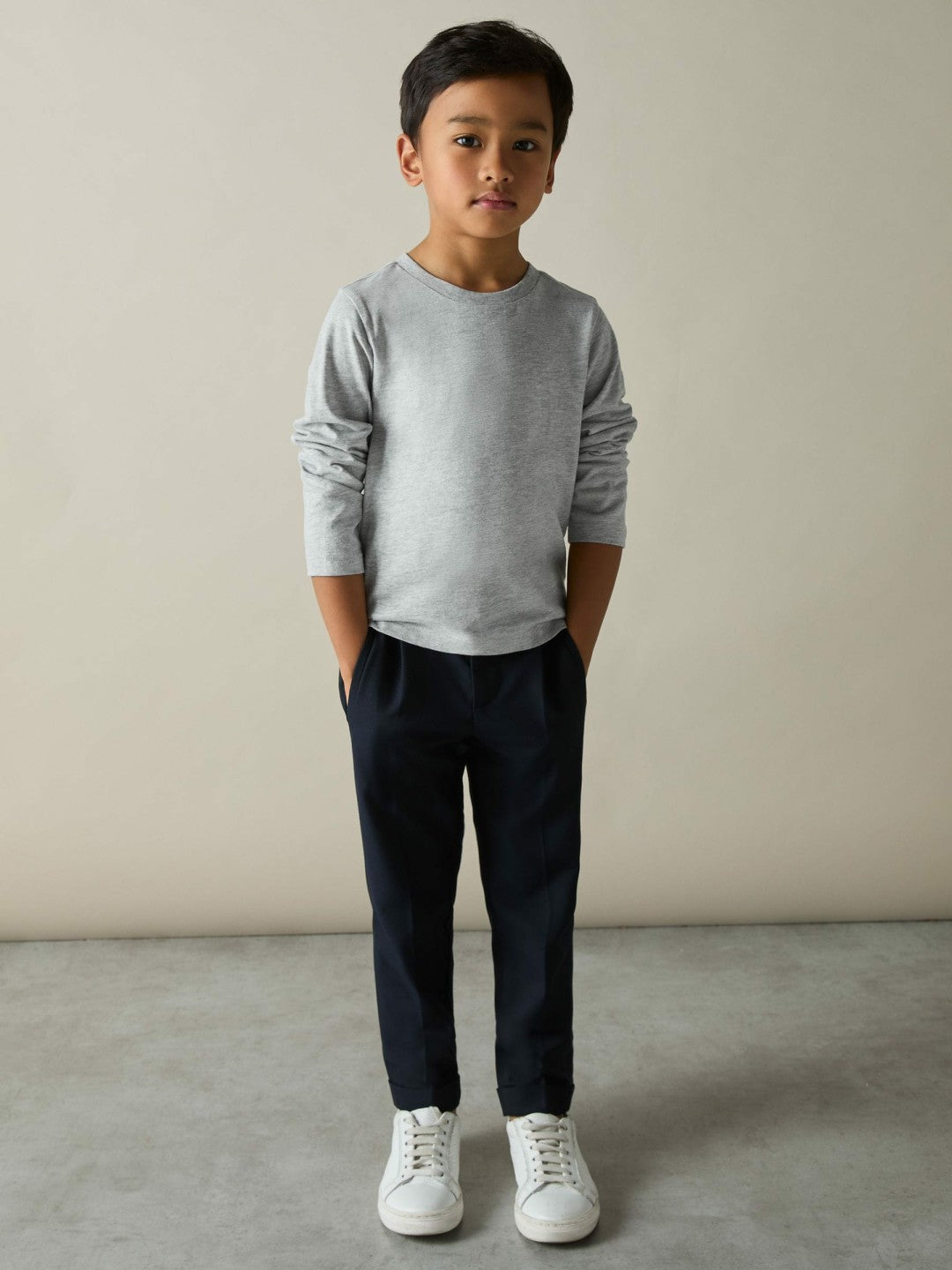 Reiss | 3-9 yrs Cotton Jersey Long Sleeve T-Shirts 3 Pack in White/Soft Grey/Navy