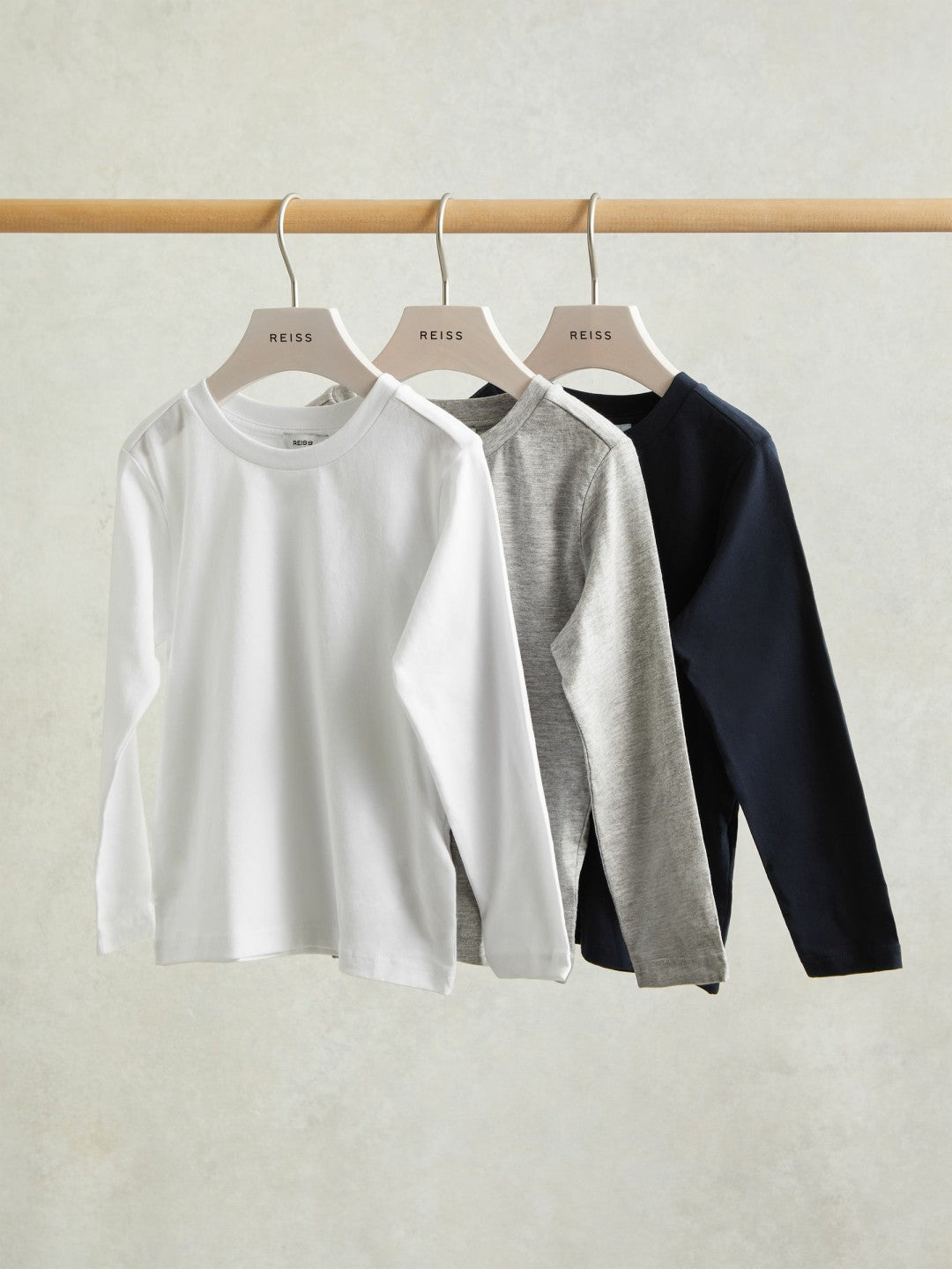 Reiss | 9-13 yrs Cotton Jersey Long Sleeve T-Shirts 3 Pack in White/Soft Grey/Navy