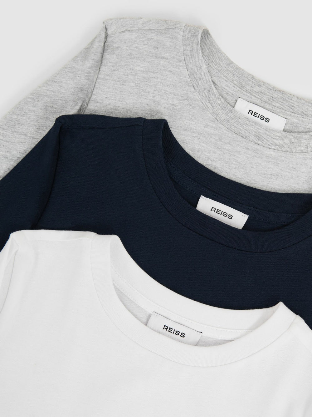 Reiss | 9-13 yrs Cotton Jersey Long Sleeve T-Shirts 3 Pack in White/Soft Grey/Navy