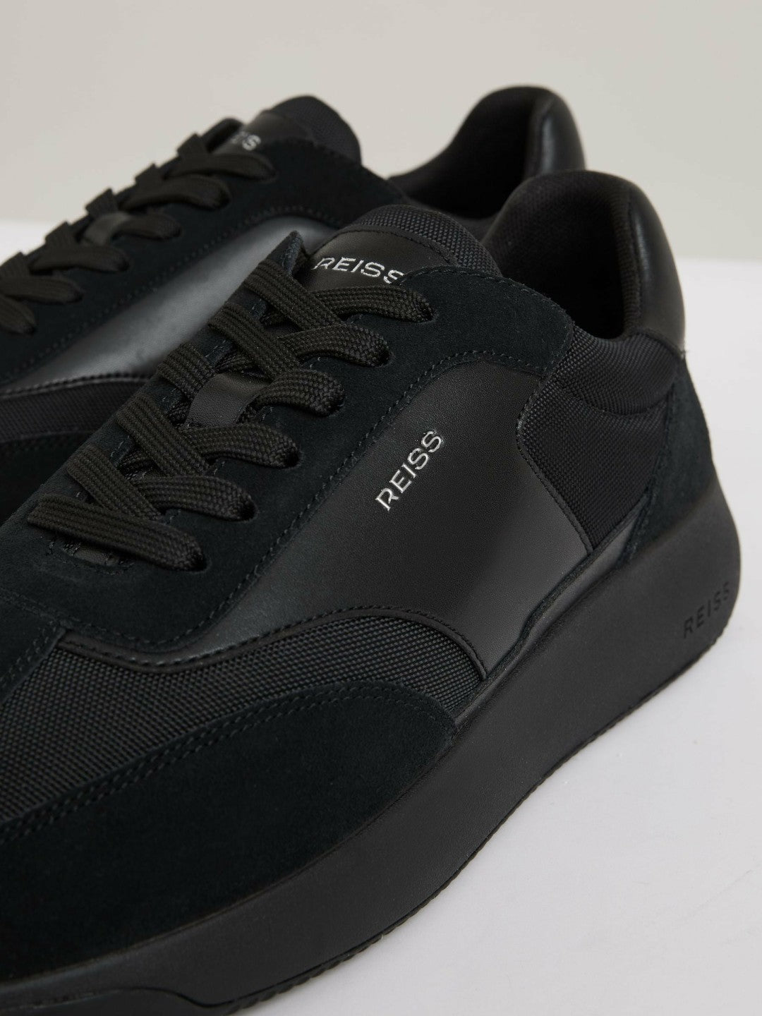 Reiss | Leather Suede Running Trainers in All Black