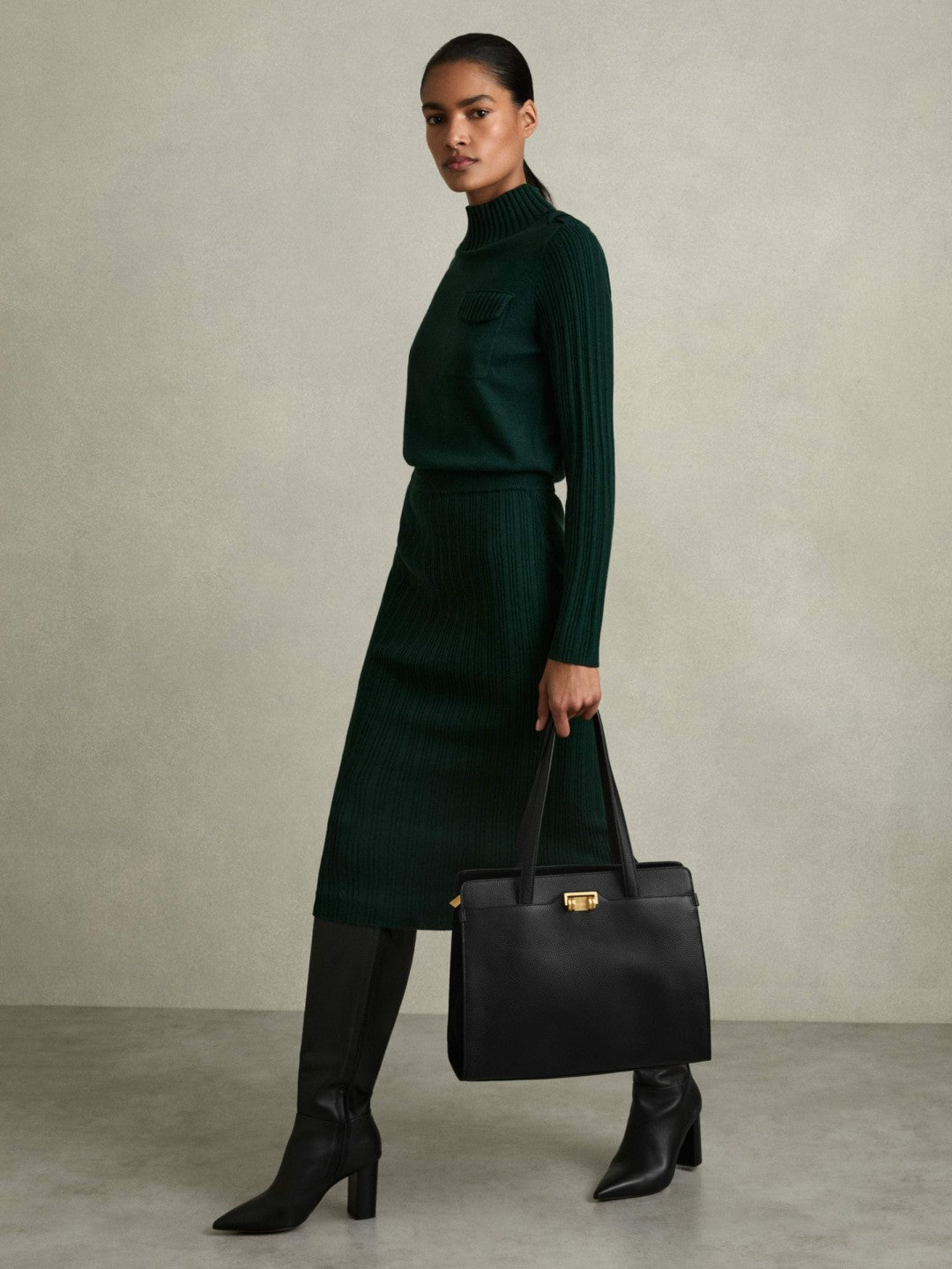 Reiss | Grained Leather Tote Bag in Black