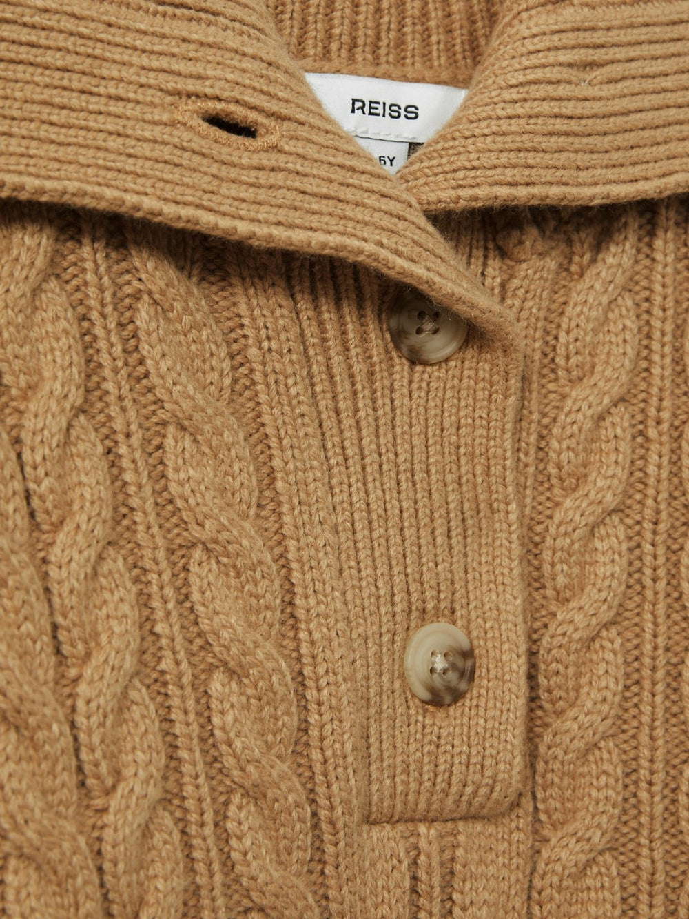 Reiss | 13-14 yrs Cotton-Blend Open-Collar Cable-Knit Jumper With Wool in Camel