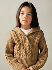 Reiss | 4-9 yrs Cotton-Blend Open-Collar Cable-Knit Jumper With Wool in Camel