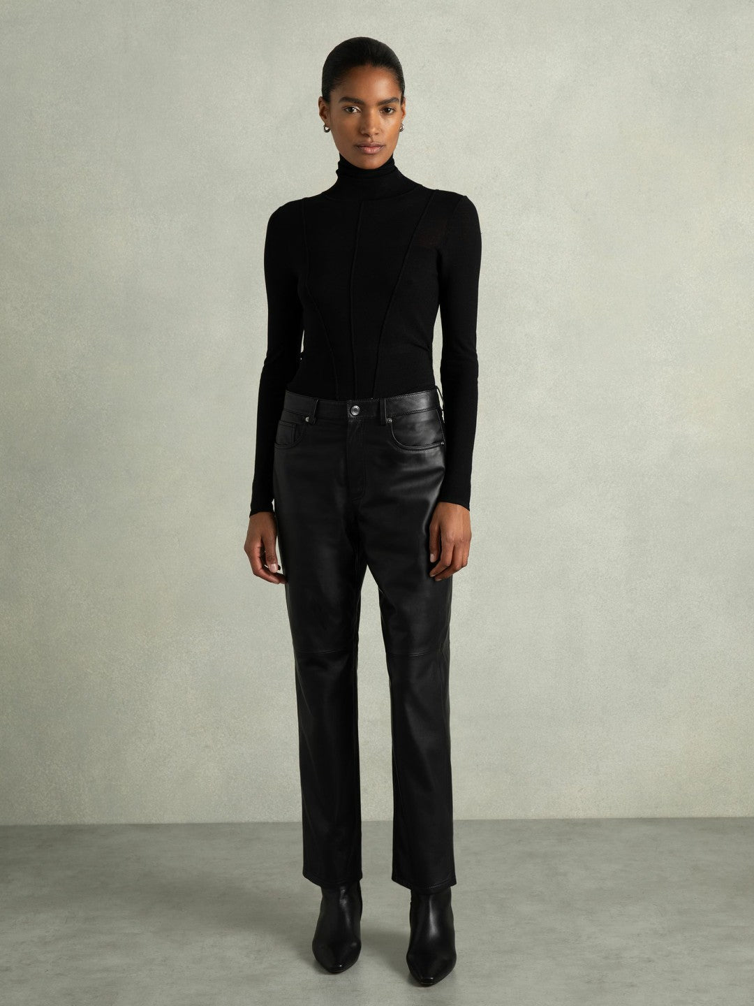 Reiss | Leather Slim-Leg Trousers in Black