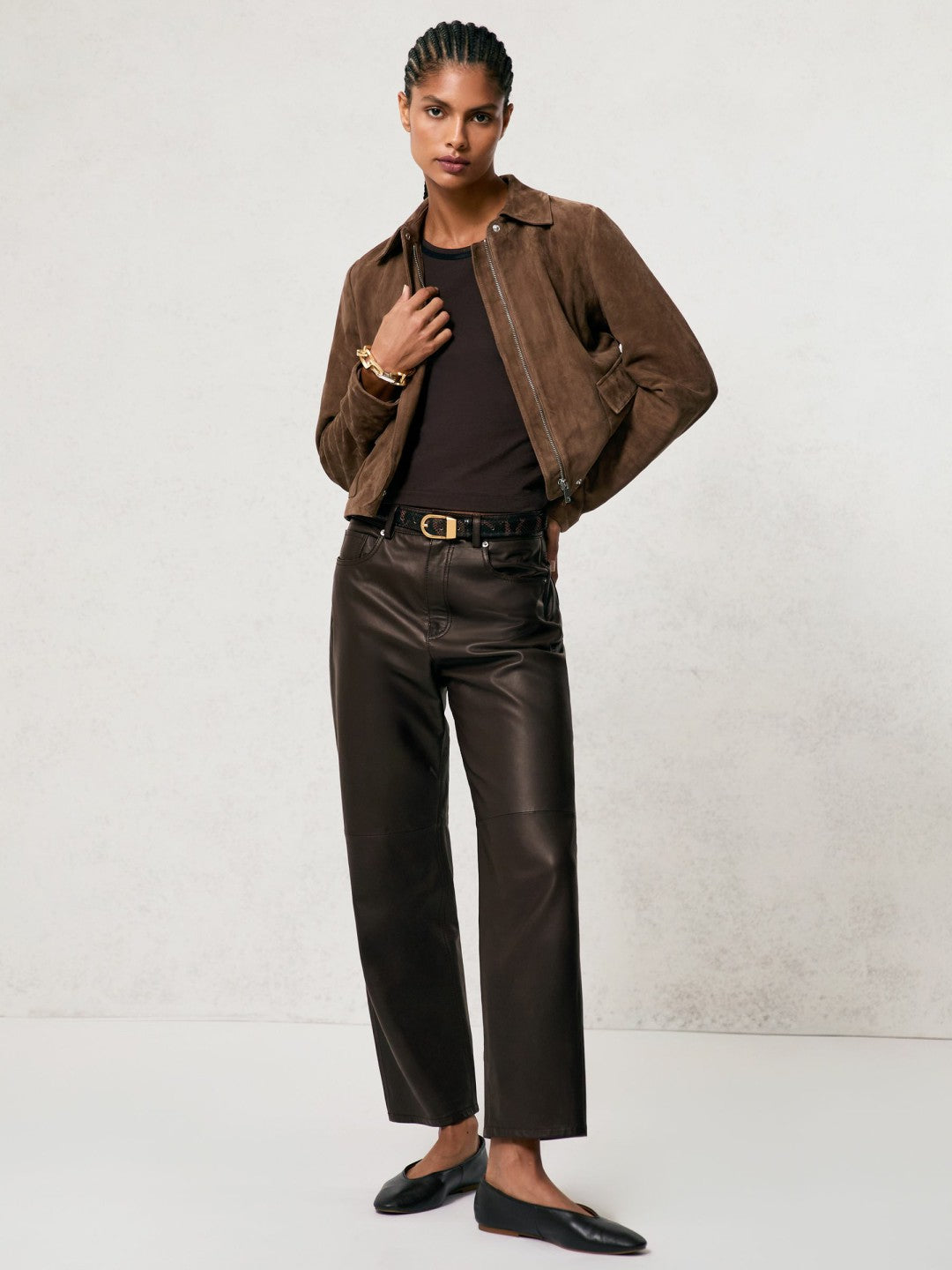 Reiss | Leather Slim-Leg Trousers in Chocolate