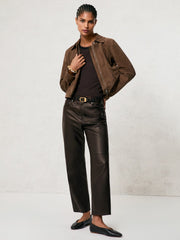 Reiss | Leather Slim-Leg Trousers in Chocolate
