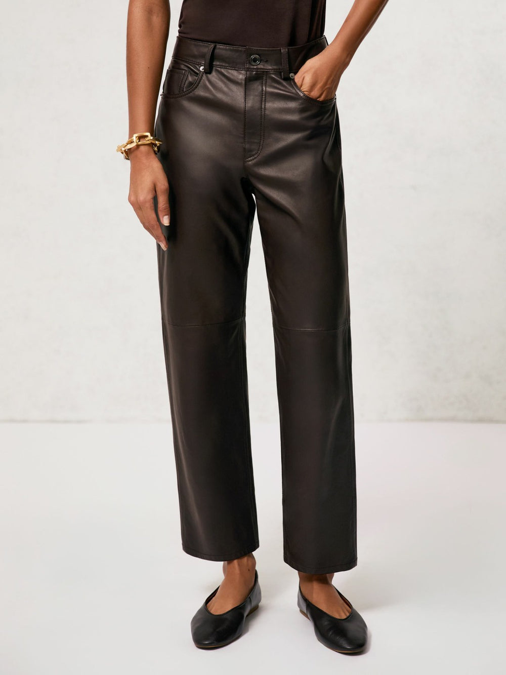 Reiss | Leather Slim-Leg Trousers in Chocolate