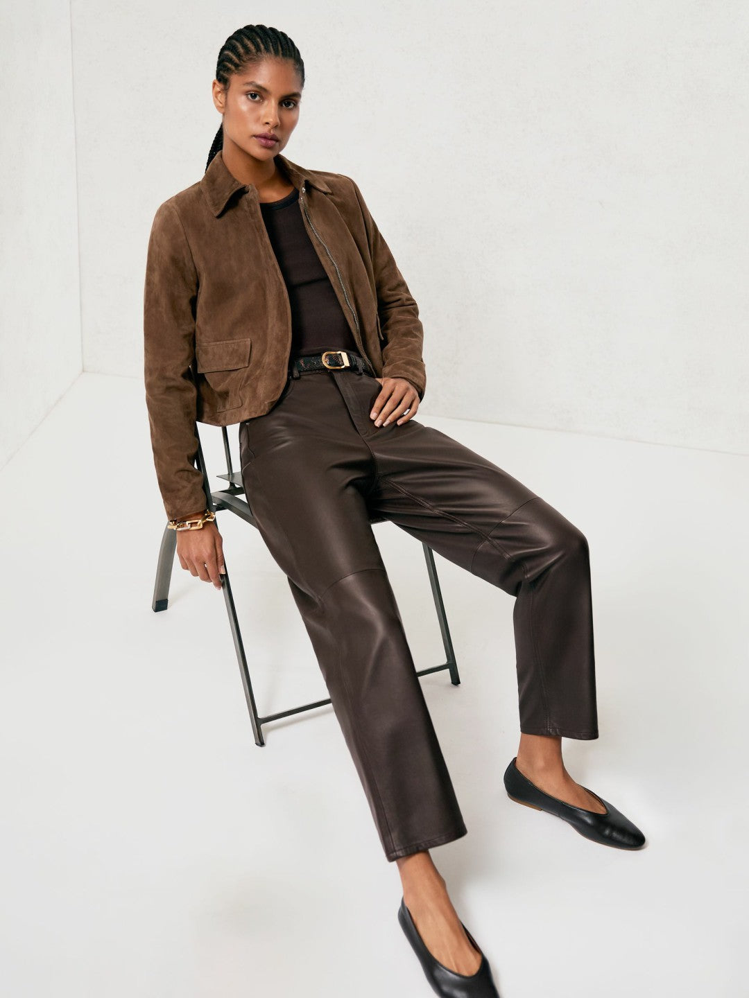 Reiss | Leather Slim-Leg Trousers in Chocolate
