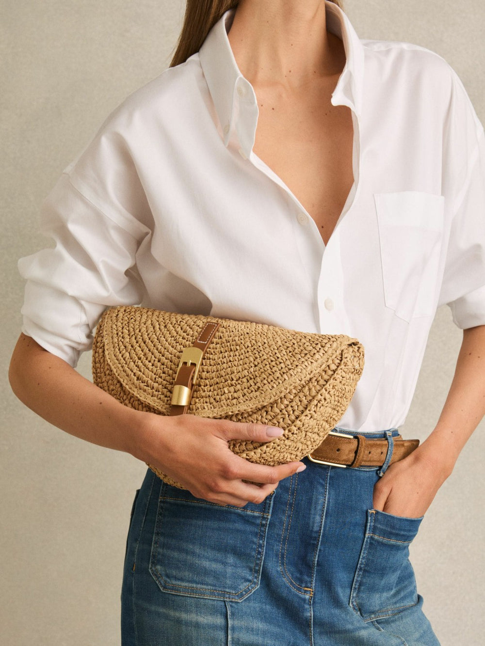 Reiss | Raffia Half-Moon Clutch Bag in Natural