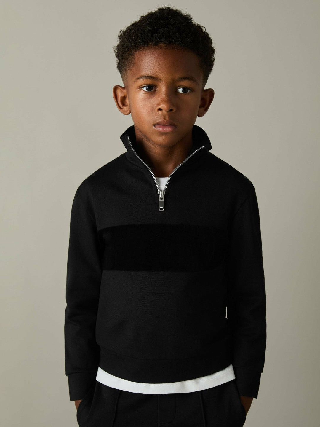 Reiss | 3-9 yrs Slim Fit Half-Zip Funnel Neck Velour Sweatshirt in Black