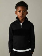 Reiss | 3-9 yrs Slim Fit Half-Zip Funnel Neck Velour Sweatshirt in Black