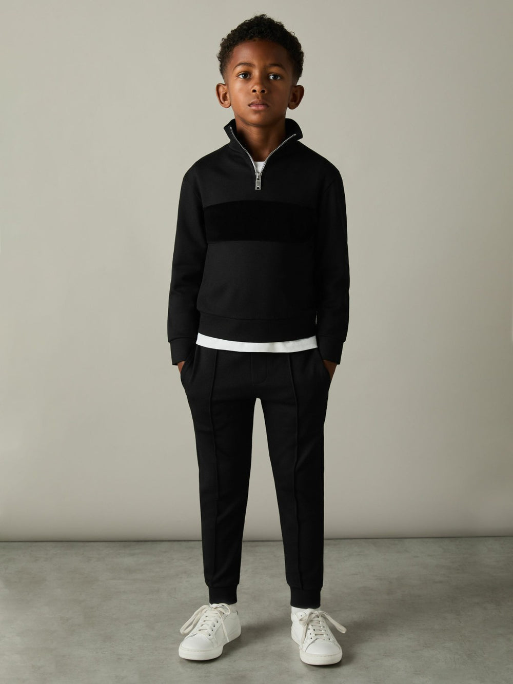 Reiss | 3-9 yrs Slim Fit Half-Zip Funnel Neck Velour Sweatshirt in Black