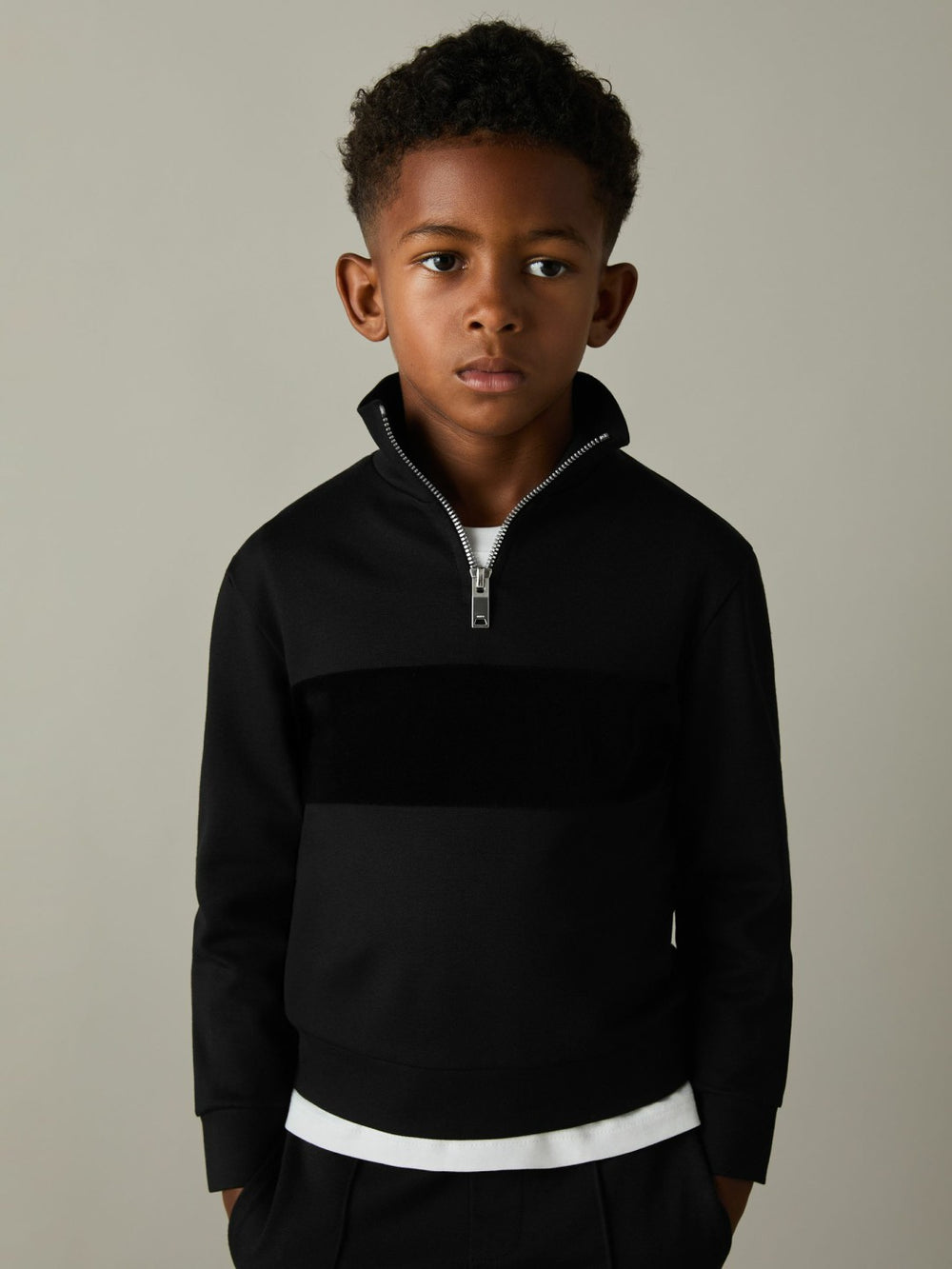 Reiss | 9-13 yrs Slim Fit Half-Zip Funnel Neck Velour Sweatshirt in Black