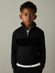 Reiss | 9-13 yrs Slim Fit Half-Zip Funnel Neck Velour Sweatshirt in Black