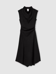 Reiss | Twill-Jersey Draped Midi Dress in Black