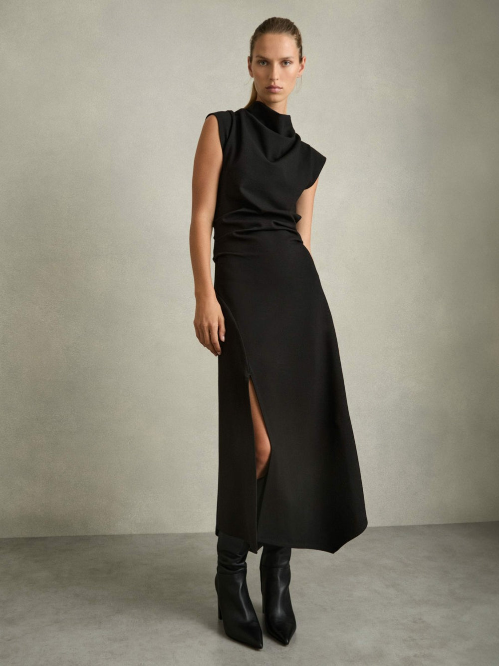 Reiss | Twill-Jersey Draped Midi Dress in Black