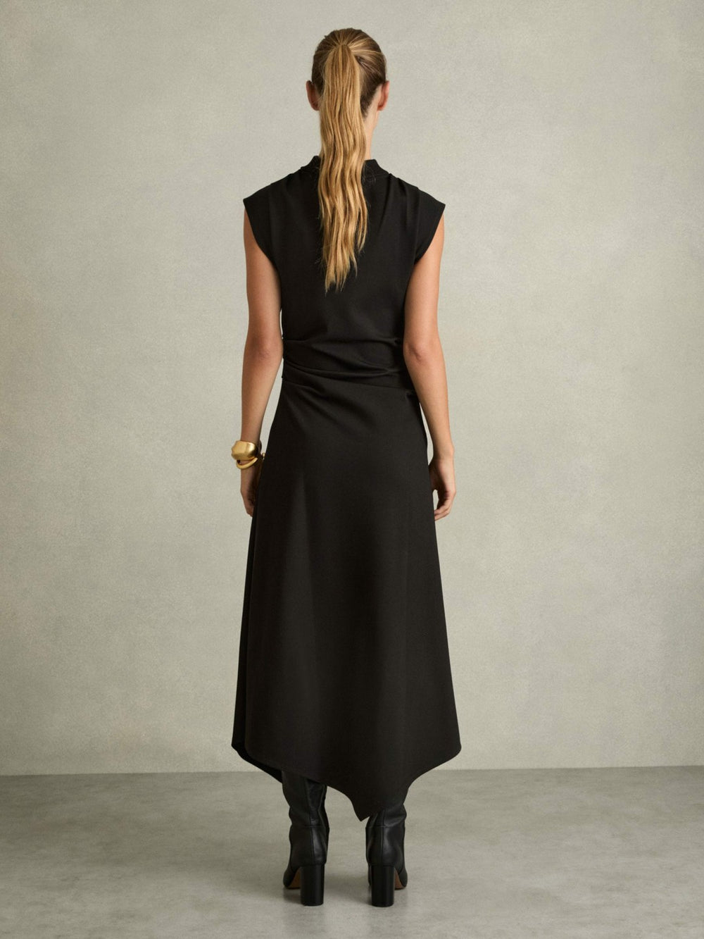 Reiss | Twill-Jersey Draped Midi Dress in Black