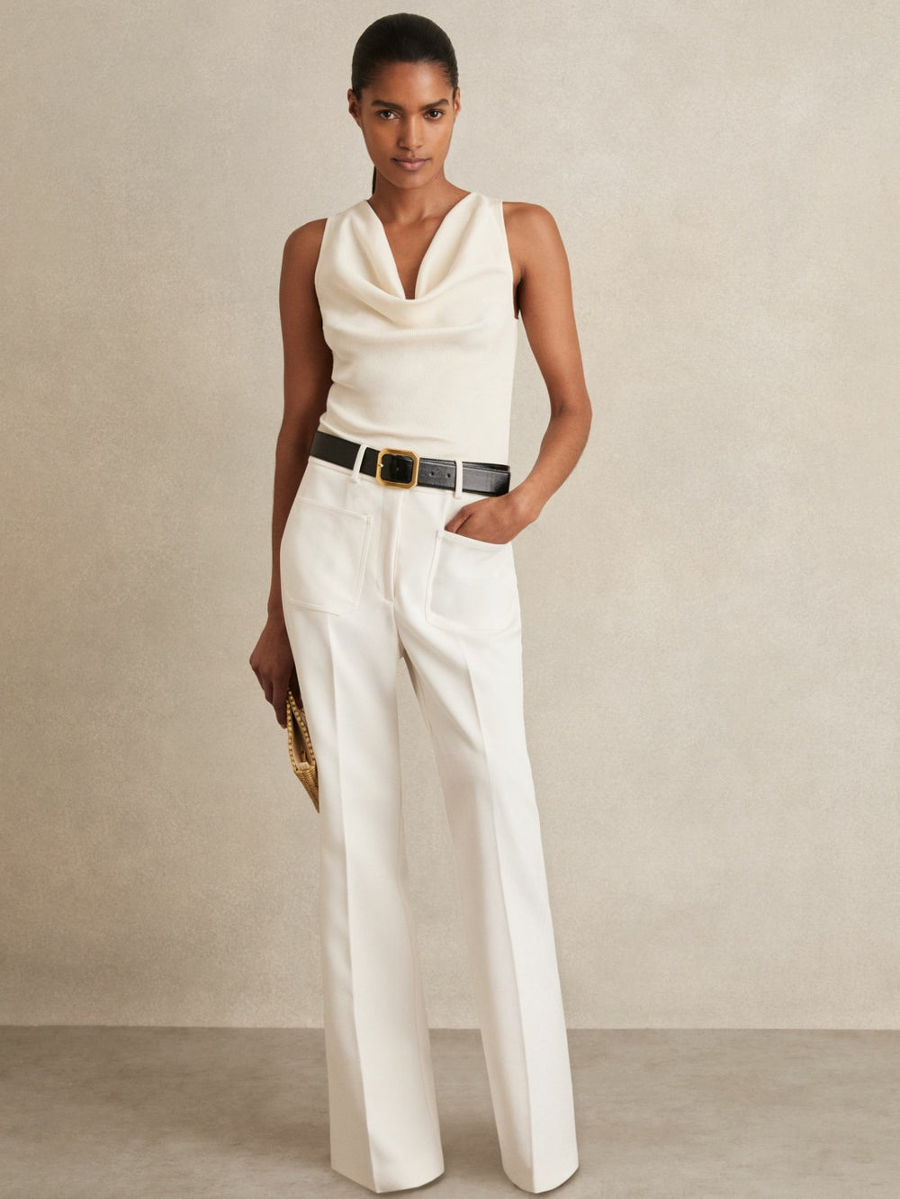 Reiss | Petite Twill Patch-Pocket Flared Trousers in Cream