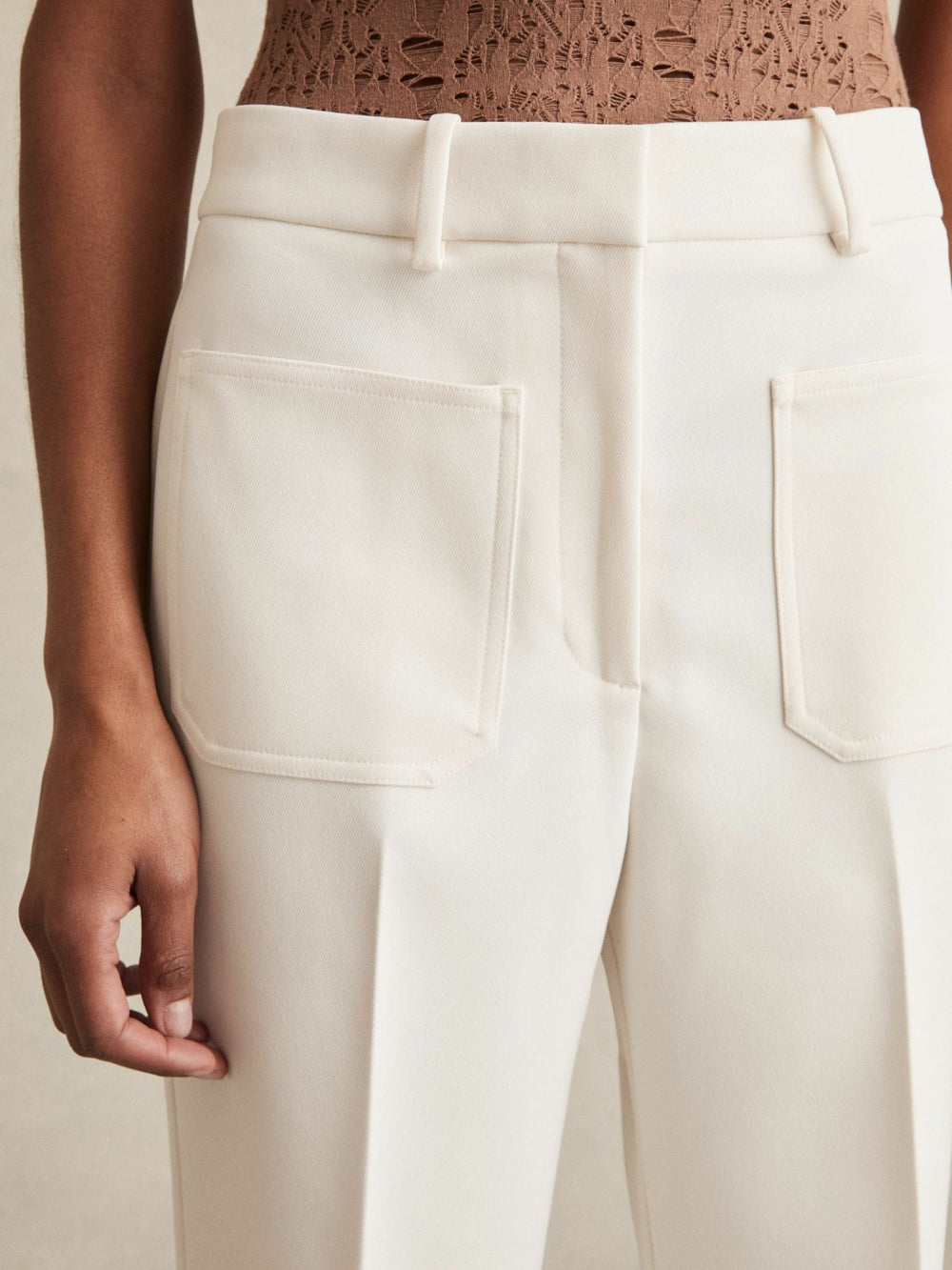 Reiss | Petite Twill Patch-Pocket Flared Trousers in Cream