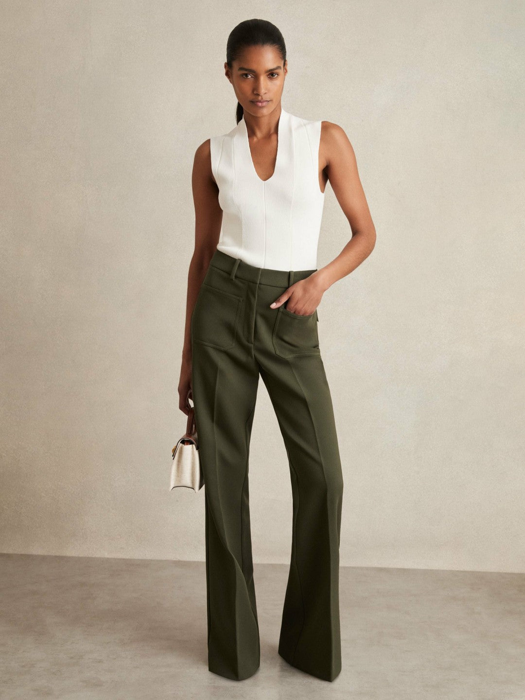 Reiss | Petite Twill Patch-Pocket Flared Trousers in Green