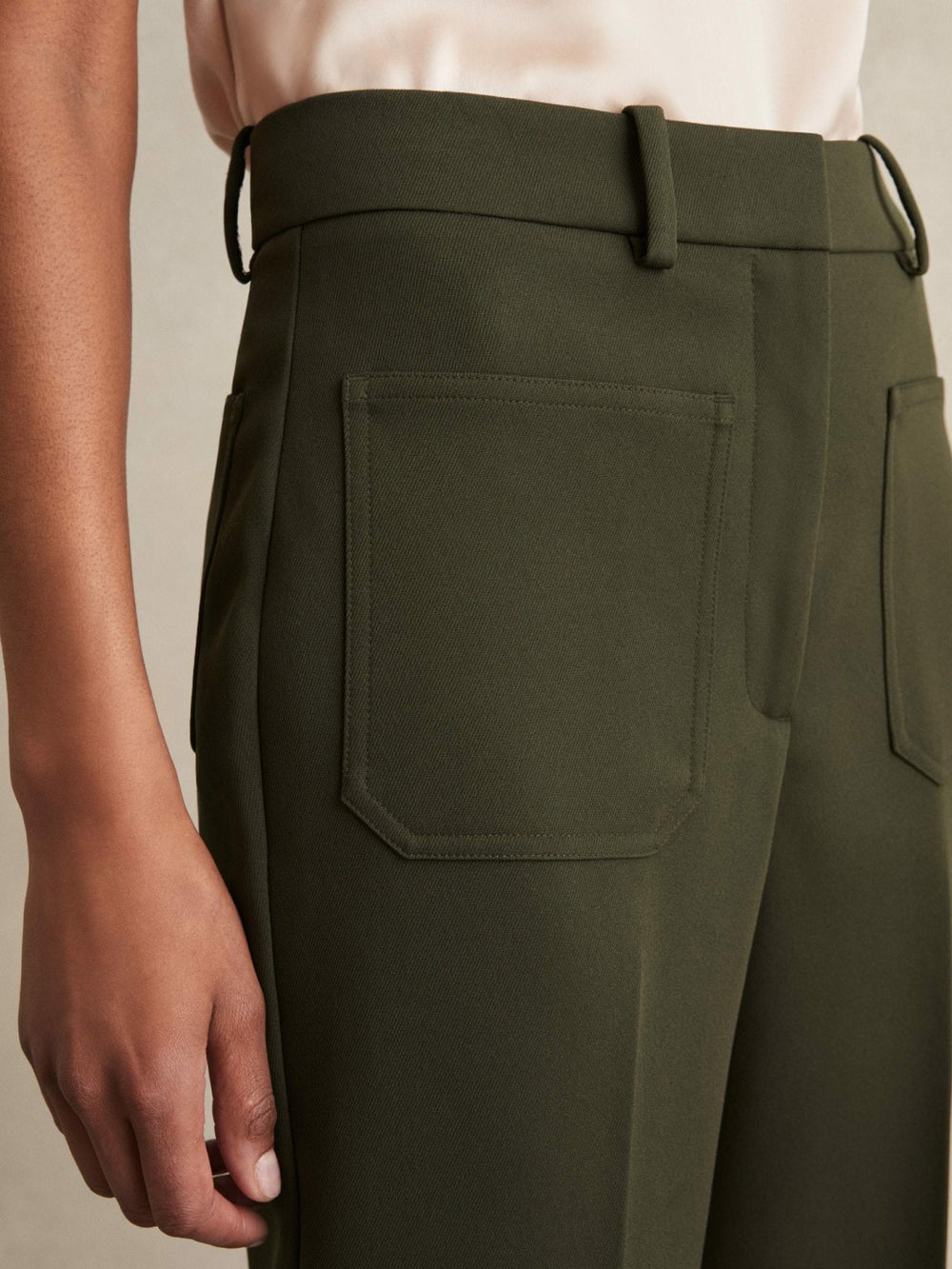 Reiss | Petite Twill Patch-Pocket Flared Trousers in Green