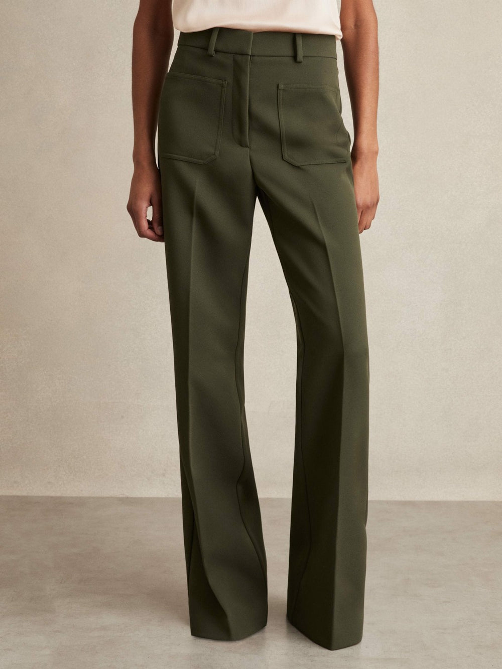 Reiss | Petite Twill Patch-Pocket Flared Trousers in Green