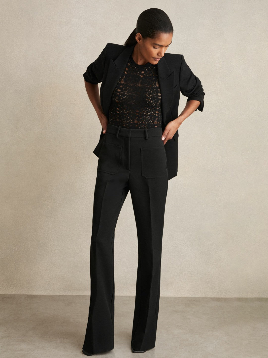 Reiss | Petite Twill Patch-Pocket Flared Trousers in Black