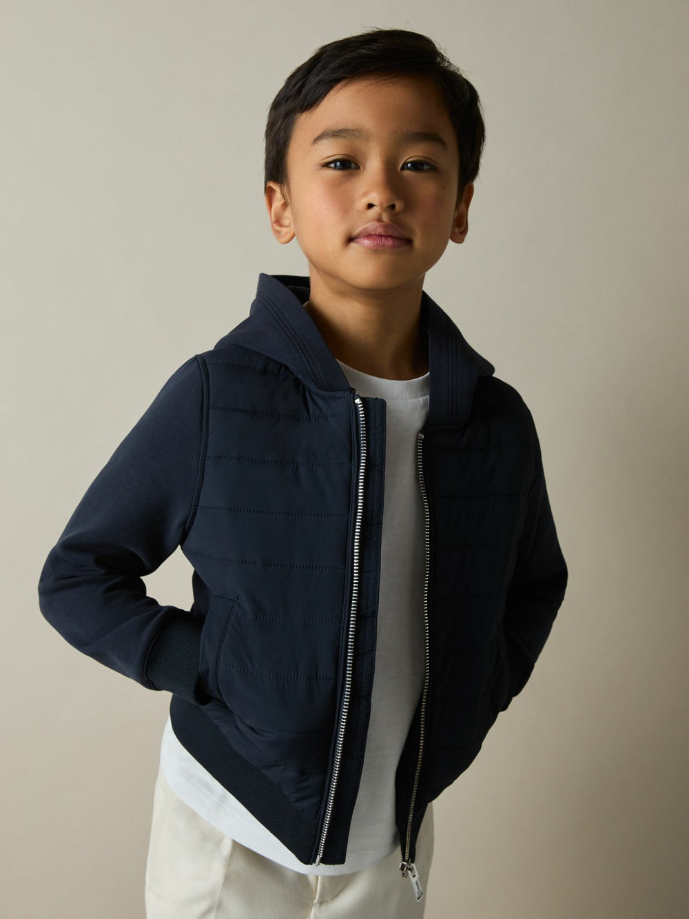 Reiss | 9-13 yrs Interlock Hybrid Hooded Puffer Jacket in Navy