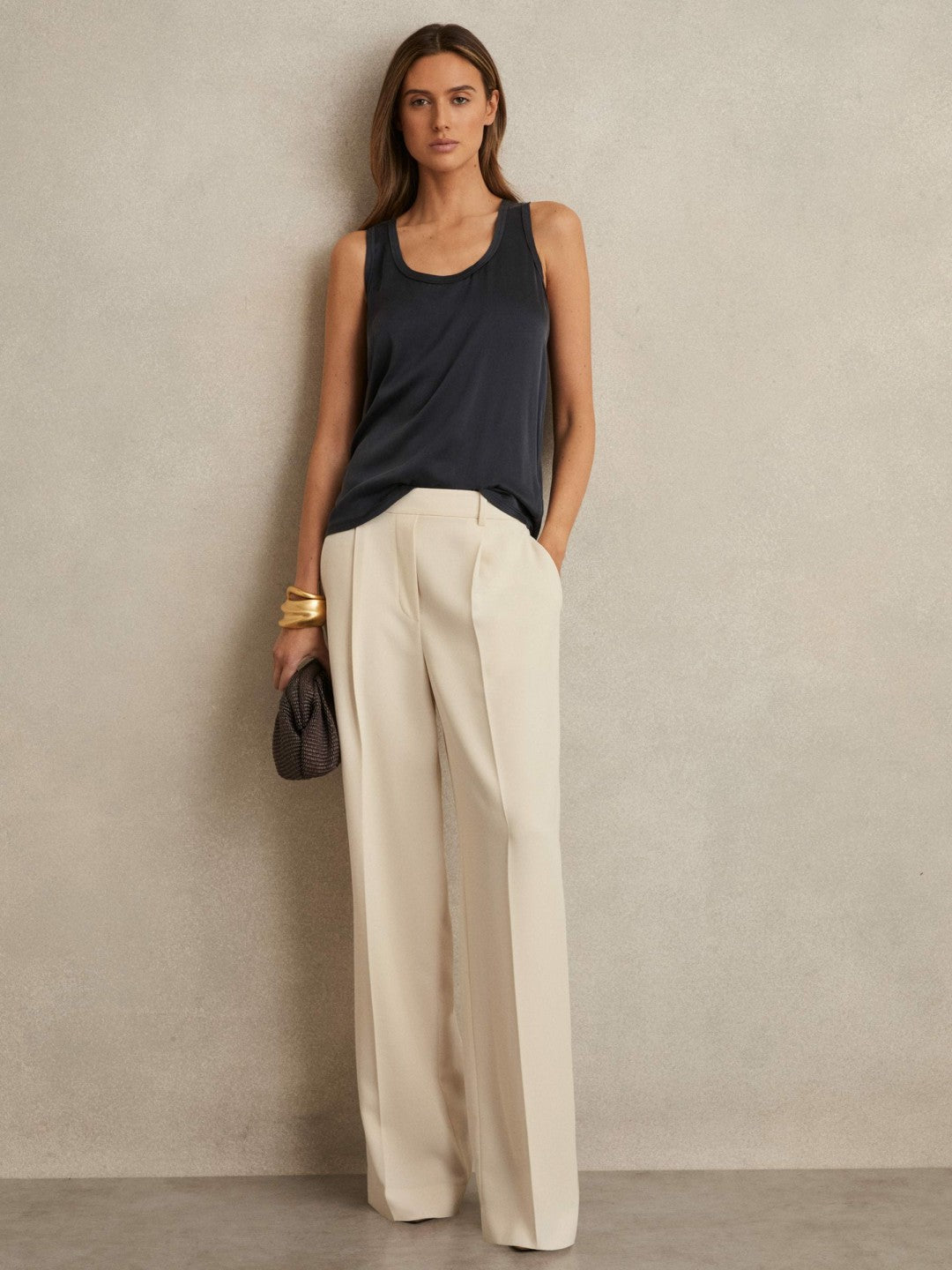 Reiss | Elasticated-Waist Wide-Leg Twill Trousers in Cream