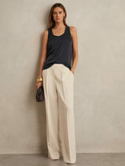 Reiss | Elasticated-Waist Wide-Leg Twill Trousers in Cream
