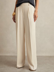Reiss | Elasticated-Waist Wide-Leg Twill Trousers in Cream