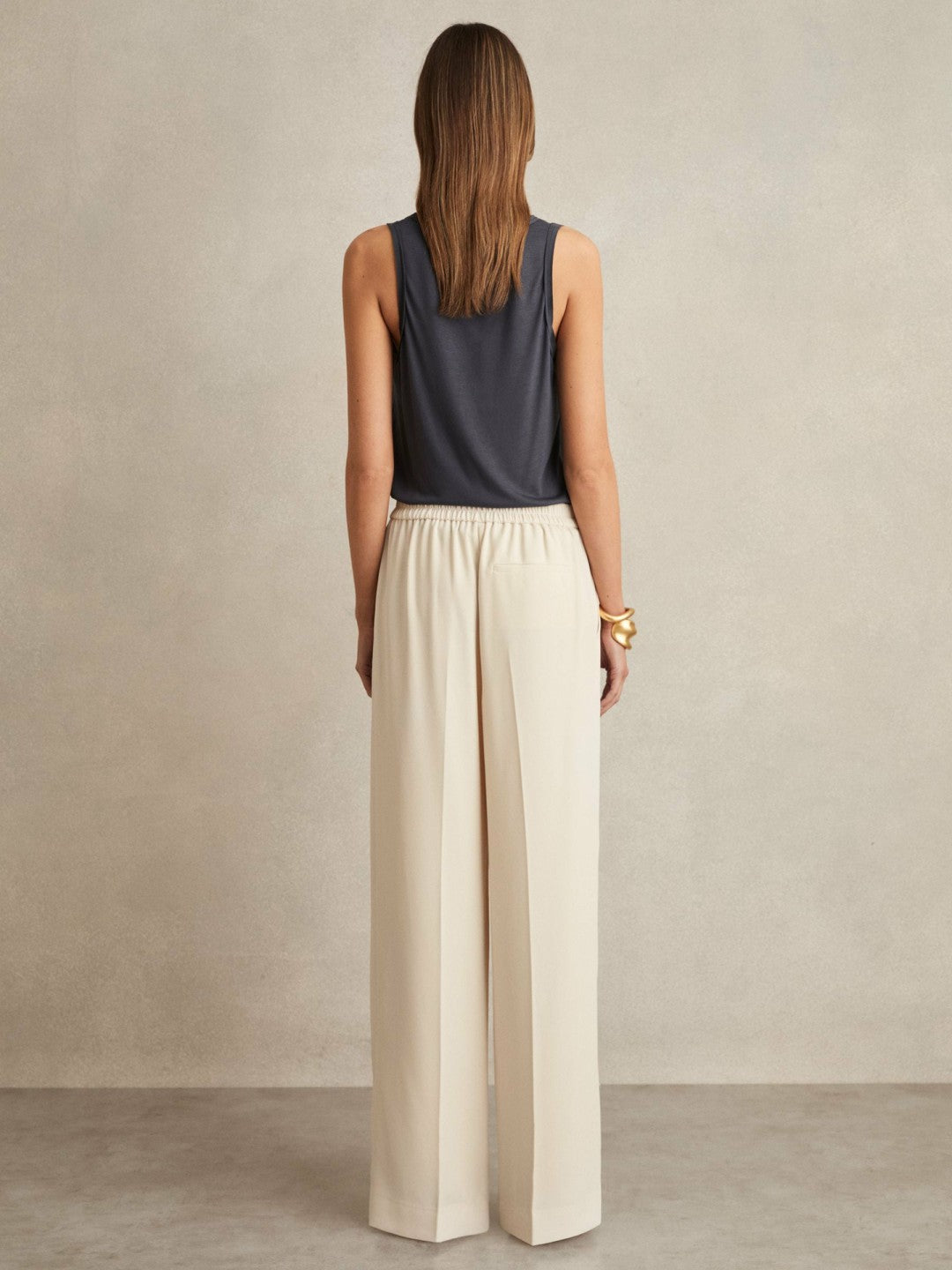 Reiss | Elasticated-Waist Wide-Leg Twill Trousers in Cream