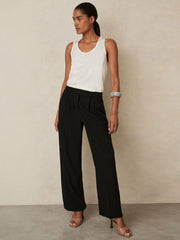 Reiss | Elasticated-Waist Wide-Leg Twill Trousers in Black