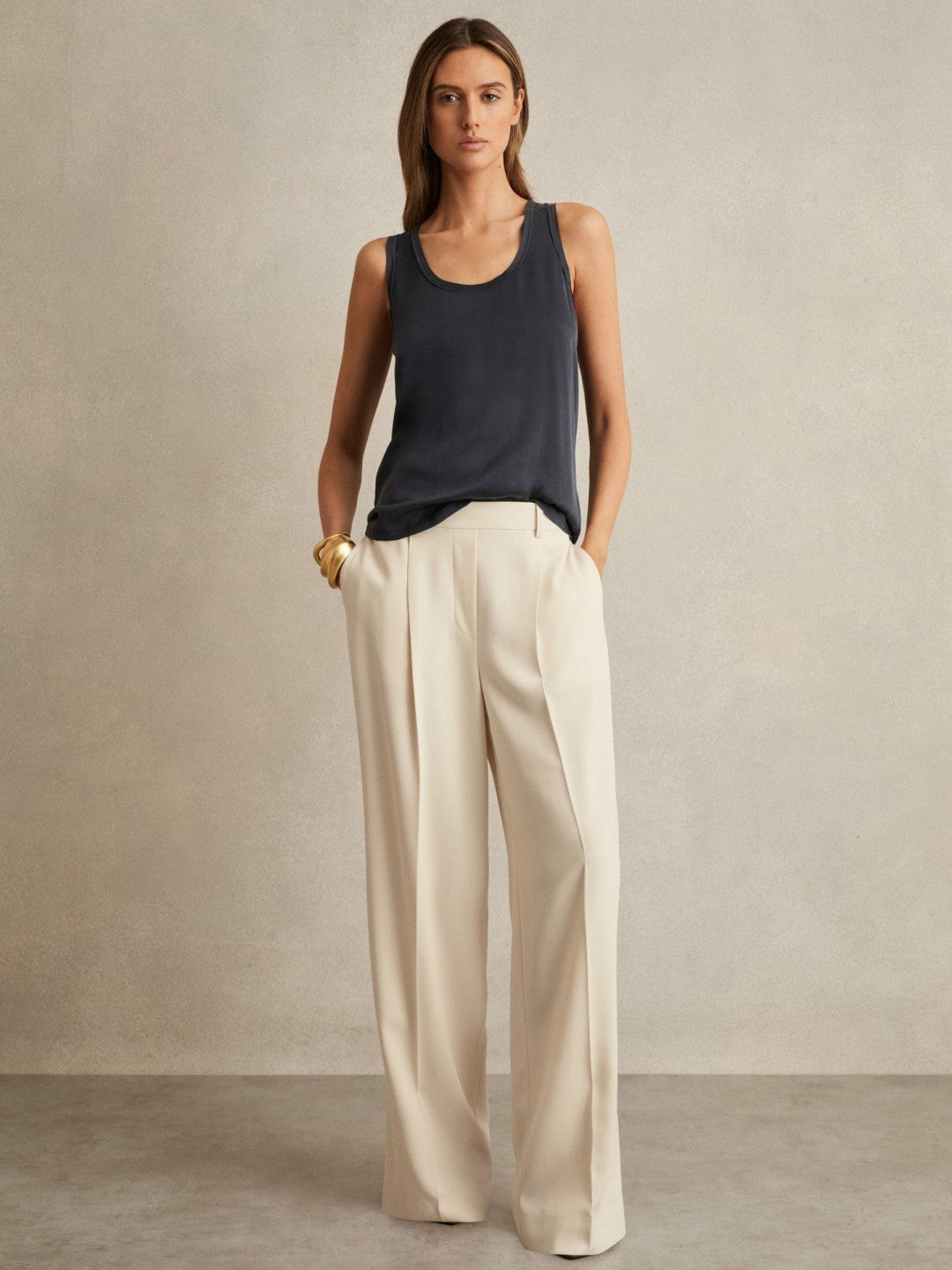 Reiss | Petite Elasticated-Waist Wide-Leg Twill Trousers in Cream