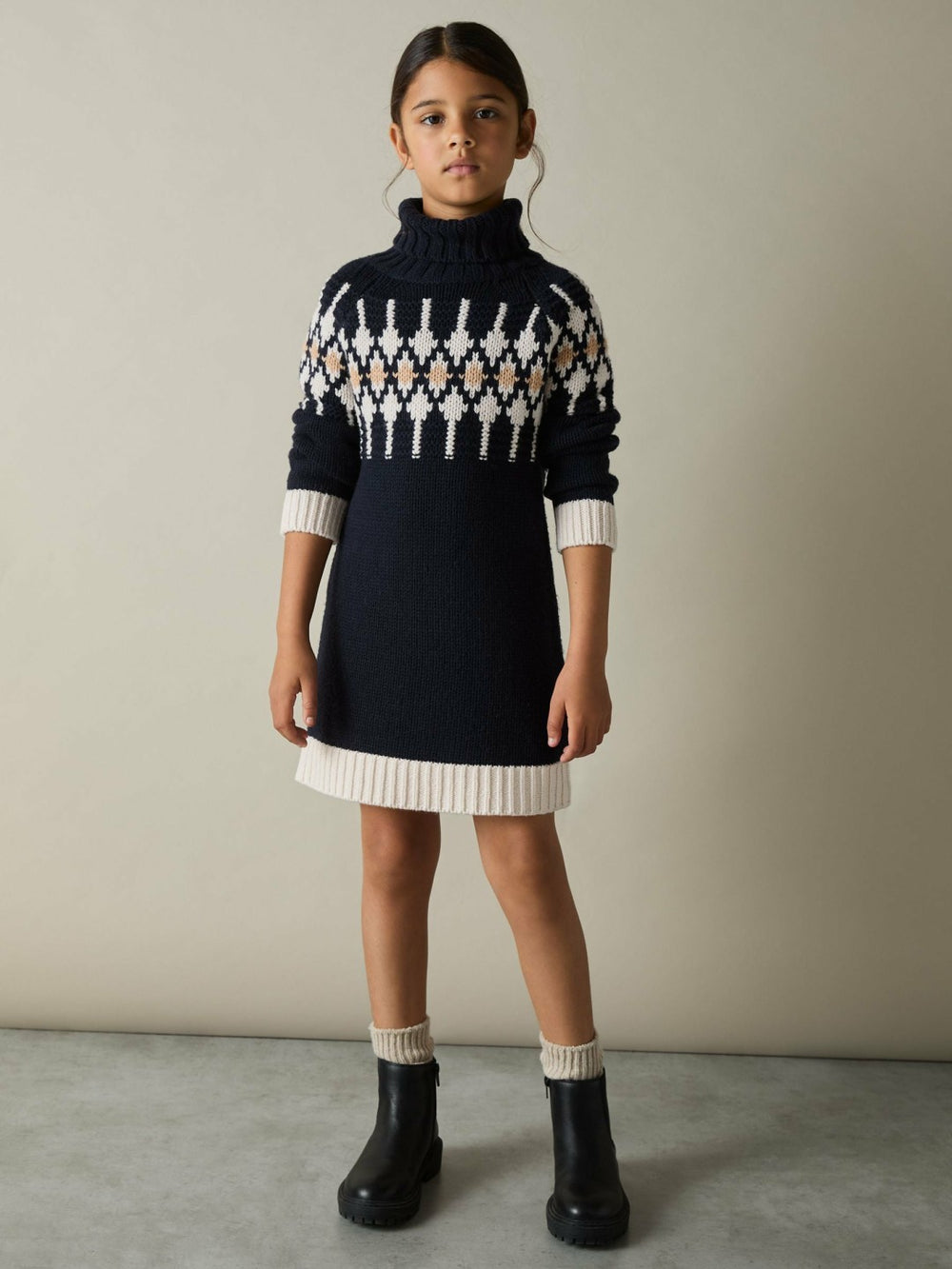 Reiss | 13-14 yrs Wool-Blend Fair Isle Roll-Neck Dress in Navy