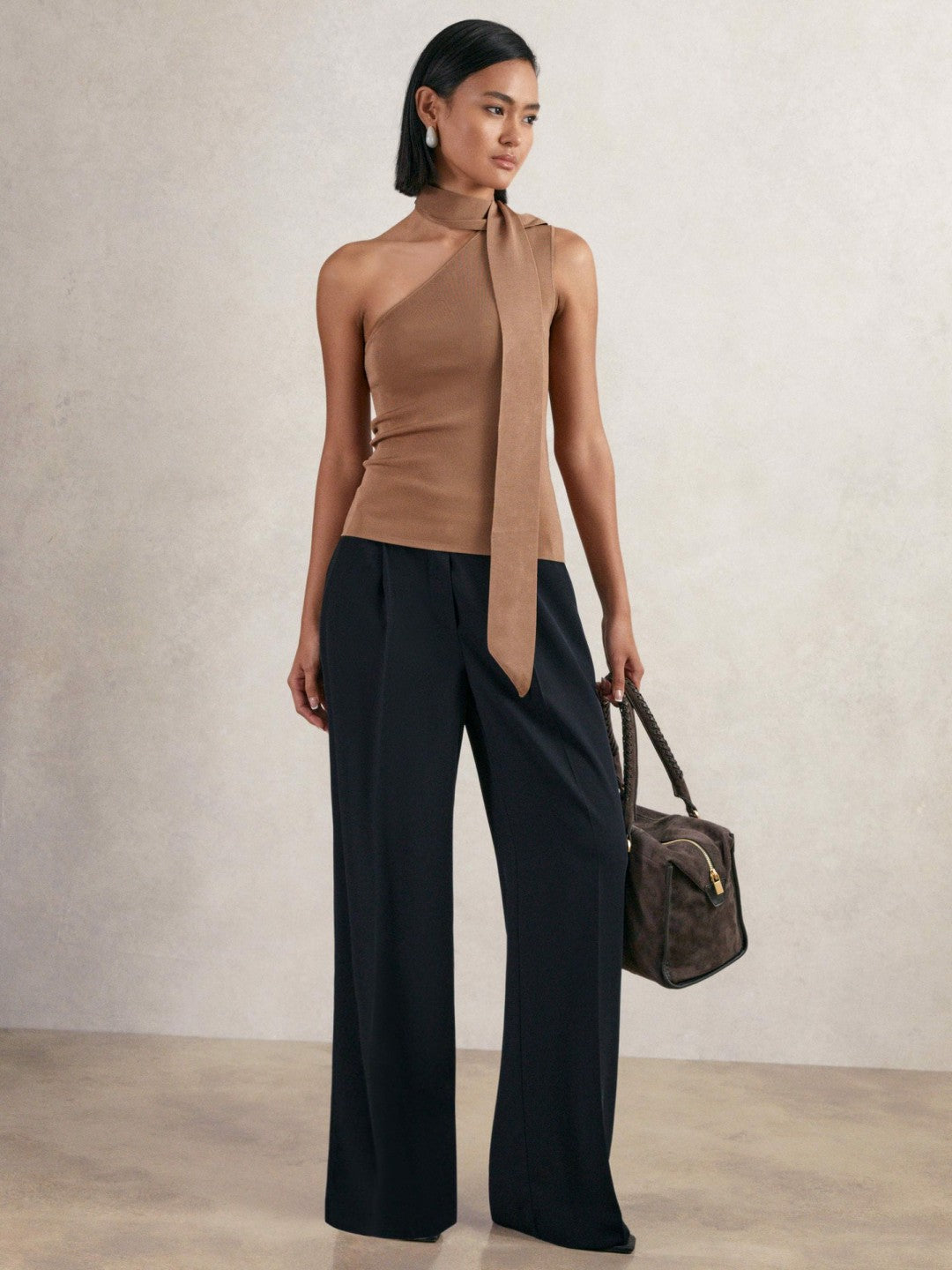 Reiss | Petite Elasticated-Waist Wide-Leg Twill Trousers in Navy